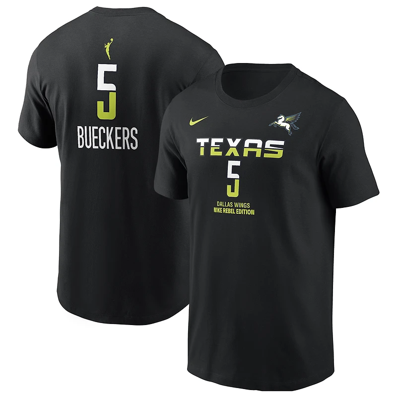 T-shirt Nike Paige Bueckers pour homme, noir, Dallas Wings, édition Rebel Draft WNBA 2025, avec nom et numéro