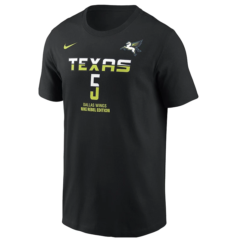 T-shirt Nike Paige Bueckers pour homme, noir, Dallas Wings, édition Rebel Draft WNBA 2025, avec nom et numéro