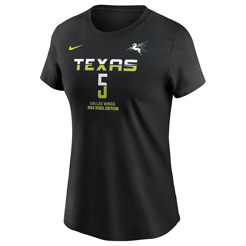 T-shirt Nike Paige Bueckers noir pour femme, Dallas Wings, édition Rebel Draft WNBA 2025, avec nom et numéro