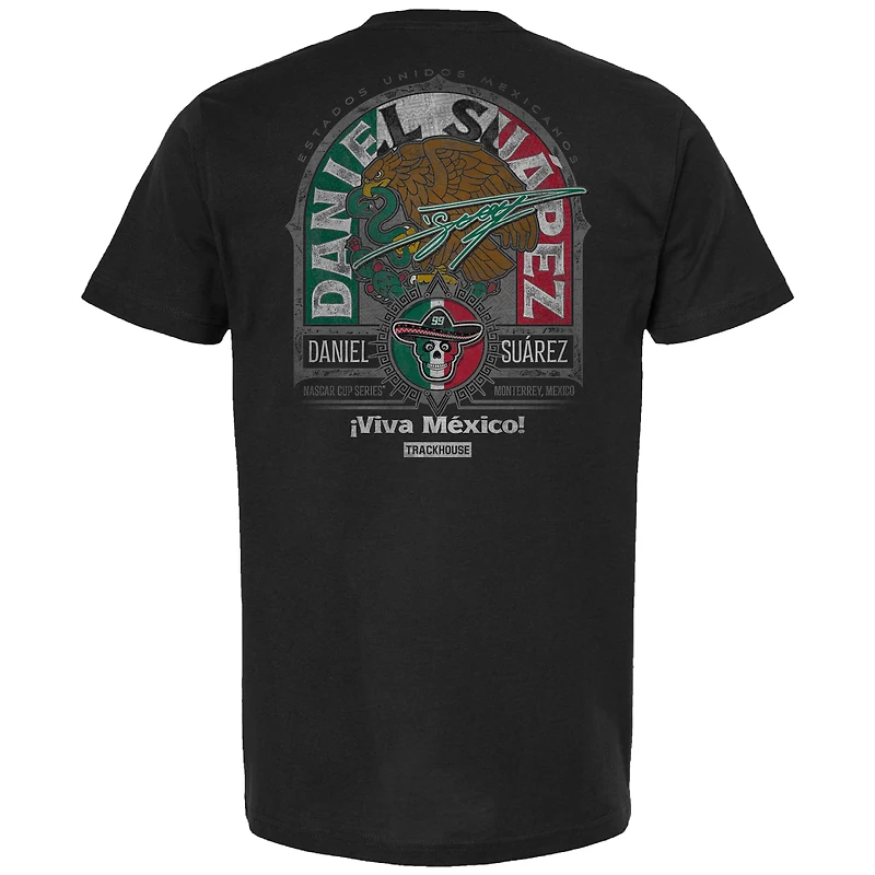 T-shirt noir pour homme de la collection Trackhouse Racing Team avec emblème du patrimoine mexicain Daniel Suarez