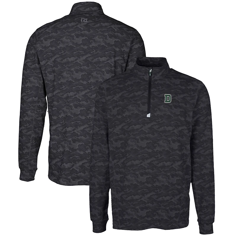 Men's Cutter & Buck Black Dartmouth Big Green Tall Traverse Camo Print Stretch Quarter-Zip Pullover Top