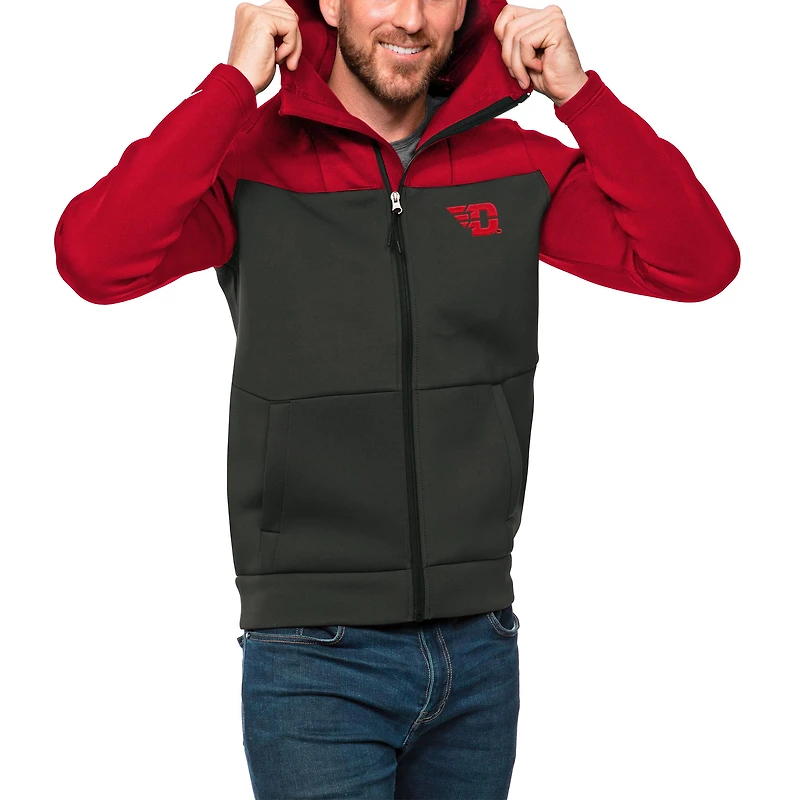 Men's Antigua Red/Charcoal Dayton Flyers Protect Full-Zip Hoodie