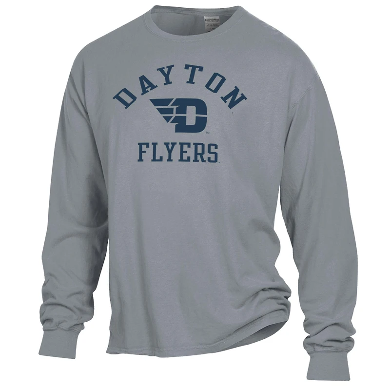 T-shirt à manches longues pour homme ComfortWash gris Dayton Flyers avec logo Arch, teint en pièce