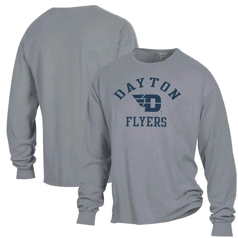 T-shirt à manches longues pour homme ComfortWash gris Dayton Flyers avec logo Arch, teint en pièce