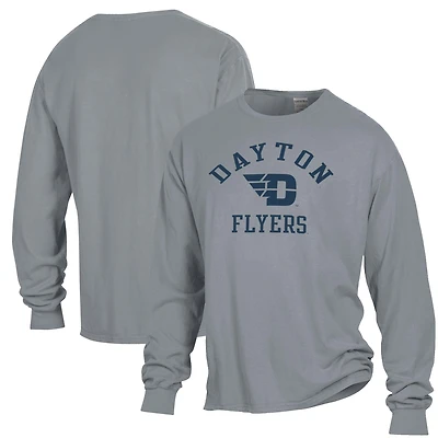 T-shirt à manches longues pour homme ComfortWash gris Dayton Flyers avec logo Arch, teint en pièce
