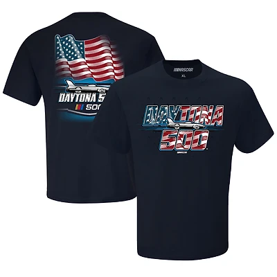 T-shirt à damier pour homme avec drapeau américain Daytona International Speedway 2025 500 bleu marine