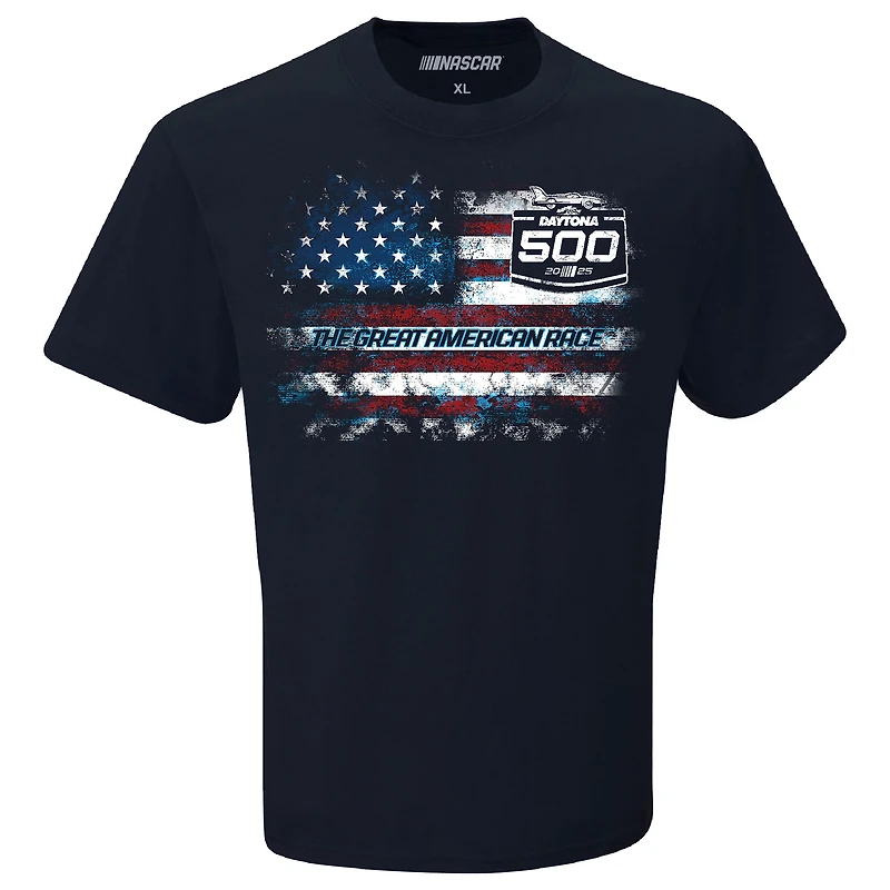 T-shirt patriotique Daytona 500 International Speedway 2025 pour homme avec drapeau à damier et logo bleu marine
