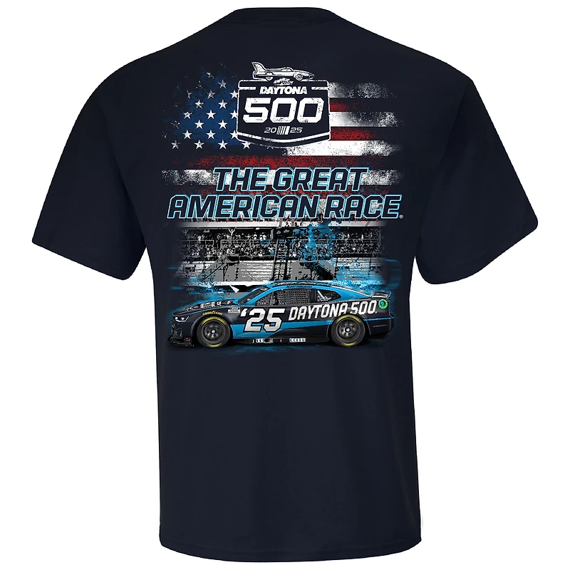 T-shirt patriotique Daytona 500 International Speedway 2025 pour homme avec drapeau à damier et logo bleu marine