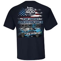 T-shirt patriotique Daytona 500 International Speedway 2025 pour homme avec drapeau à damier et logo bleu marine