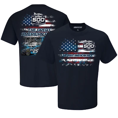 T-shirt patriotique Daytona 500 International Speedway 2025 pour homme avec drapeau à damier et logo bleu marine