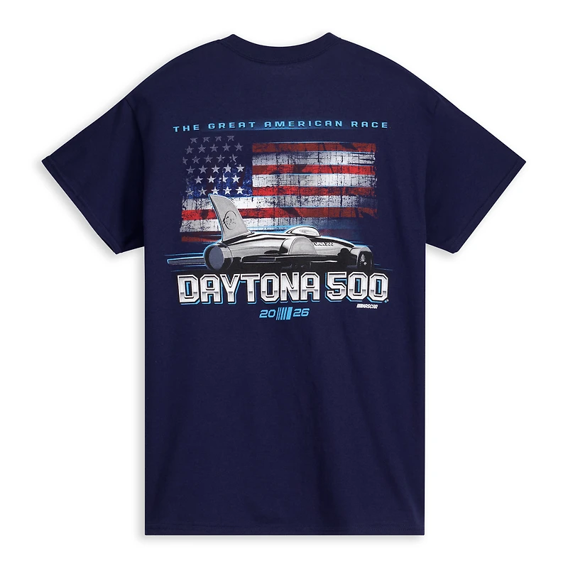 T-shirt graphique drapeau américain Daytona International Speedway 2026 500 pour homme, bleu marine, style sport à damier