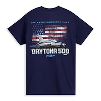 T-shirt graphique drapeau américain Daytona International Speedway 2026 500 pour homme, bleu marine, style sport à damier