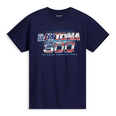 T-shirt graphique drapeau américain Daytona International Speedway 2026 500 pour homme, bleu marine, style sport à damier