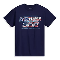 T-shirt graphique drapeau américain Daytona International Speedway 2026 500 pour homme, bleu marine, style sport à damier