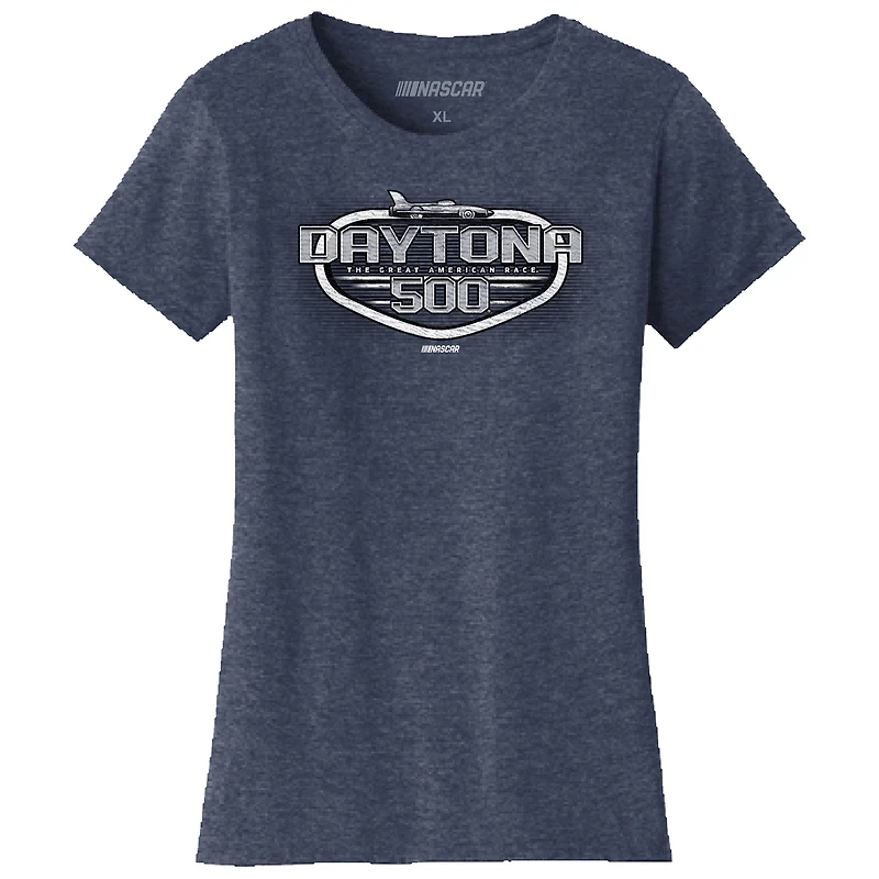 Women's Checkered Flag Sports Heather Navy Daytona International Speedway 2025 500 Graphic T-Shirt