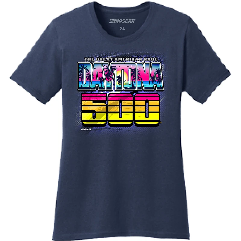 Women's Checkered Flag Sports Navy Daytona International Speedway 2025 500 Graphic T-Shirt