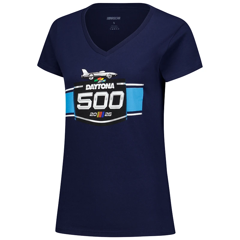 T-shirt à col en V pour femme, motif drapeau damier, bleu marine, Daytona International Speedway 2026 500