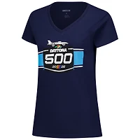 T-shirt à col en V pour femme, motif drapeau damier, bleu marine, Daytona International Speedway 2026 500