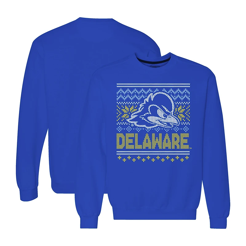 Men's  Royal Delaware Fightin' Blue Hens Holiday Fleece Crewneck Sweatshirt