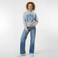 Sweat-shirt à col rond Powerblend gris chiné pour femme, modèle Champion, avec écusson académique des Delaware Fightin' Blue Hens.
