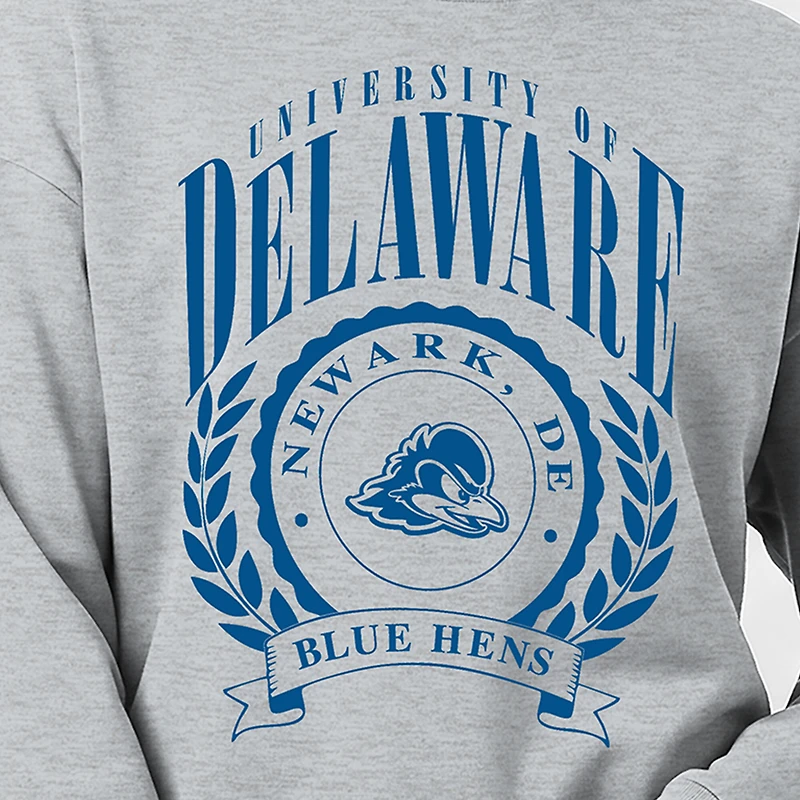 Women's Champion Heather Gray Delaware Fightin' Blue Hens Academic Crest Powerblend Crewneck Sweatshirt