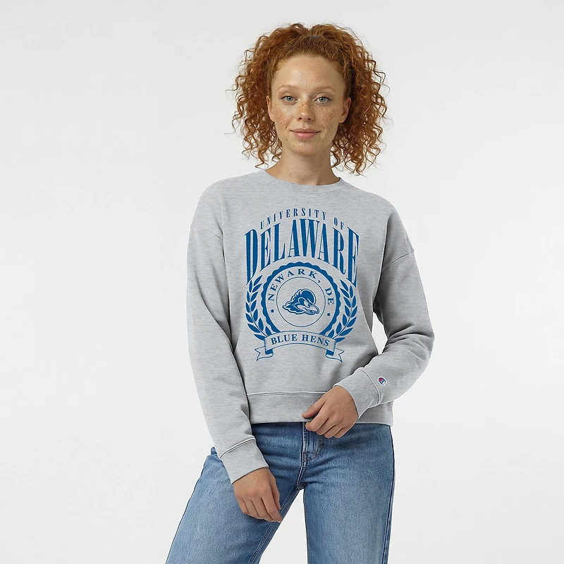Women's Champion Heather Gray Delaware Fightin' Blue Hens Academic Crest Powerblend Crewneck Sweatshirt