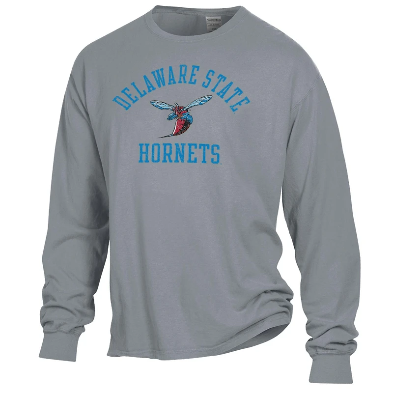 Men's ComfortWash Gray Delaware State Hornets Arch Logo Garment Dyed Long Sleeve T-Shirt