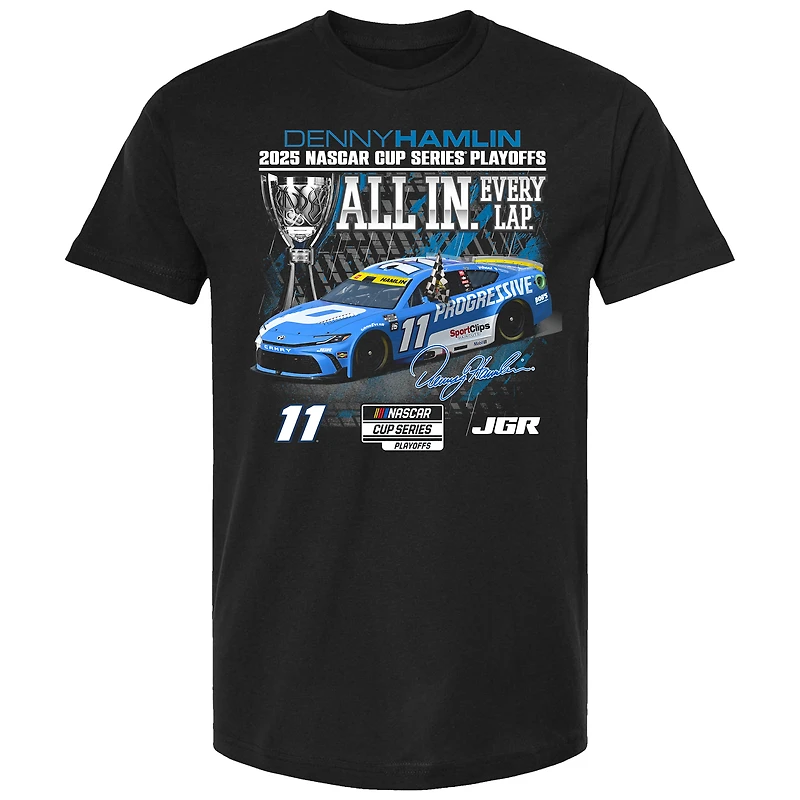 T-shirt noir à damier pour homme, motif sport, Denny Hamlin, Progressive Car Playoff