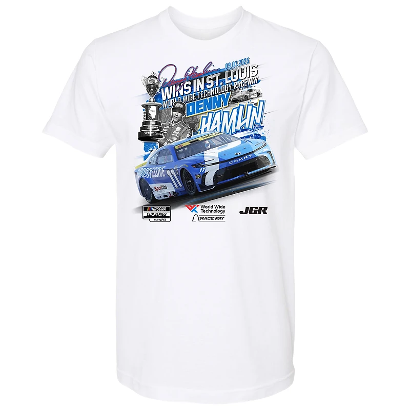 T-shirt blanc à damier pour homme, Denny Hamlin, vainqueur de la course Enjoy Illinois 300 2025