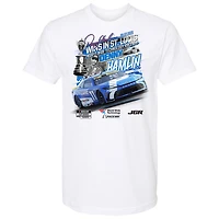 T-shirt blanc à damier pour homme, Denny Hamlin, vainqueur de la course Enjoy Illinois 300 2025