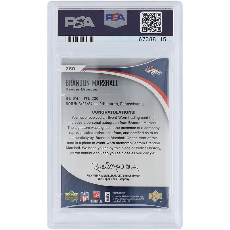 Brandon Marshall Denver Broncos Autographié 2006 Upper Deck SP Authentic Logo Relic RPA #260 #487/999 PSA Authentifié 8 Rookie Card