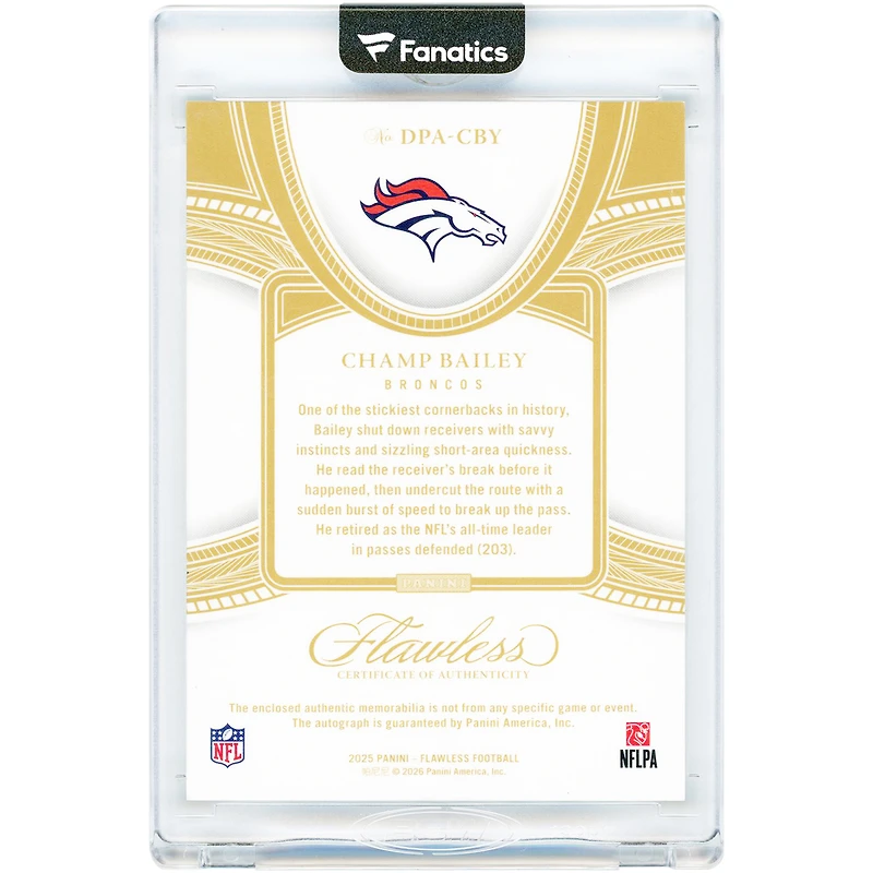 Champ Bailey Denver Broncos Autographed 2025 Panini Flawless Holo Gold Distinguished Patch Dual-Color Relic #DPA-CBY #19/25 Card