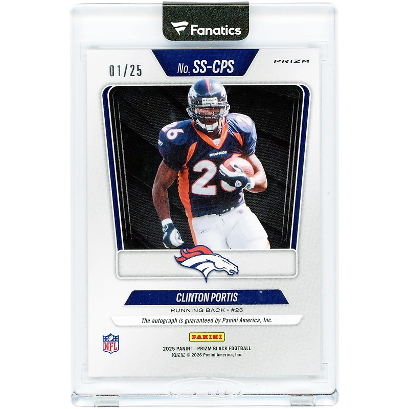 Carte autographiée par Clinton Portis des Broncos de Denver, collection Panini Prizm Black Mojo Prizm Sensational Signatures 2025, numéro SS-CPS, numéro 1/25