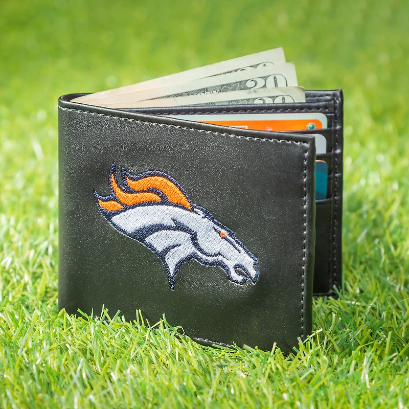 Portefeuille à deux volets brodé en cuir synthétique des Broncos de Denver