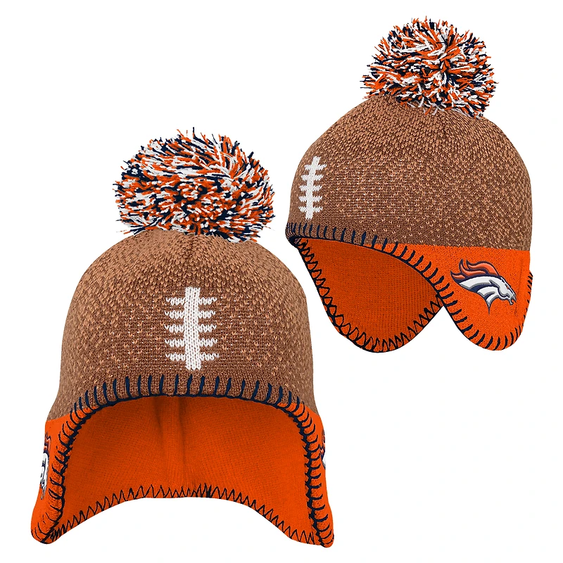 Bonnet tricoté marron pour bébé avec pompon pour football des Denver Broncos