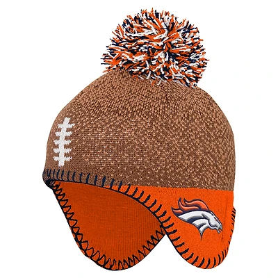 Bonnet tricoté marron pour bébé avec pompon pour football des Denver Broncos