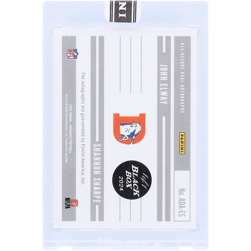 John Elway & Shannon Sharpe Denver Broncos Autographed 2021 Panini Eminence Dual Auto Black Box #ADA-ES #1/1 Card