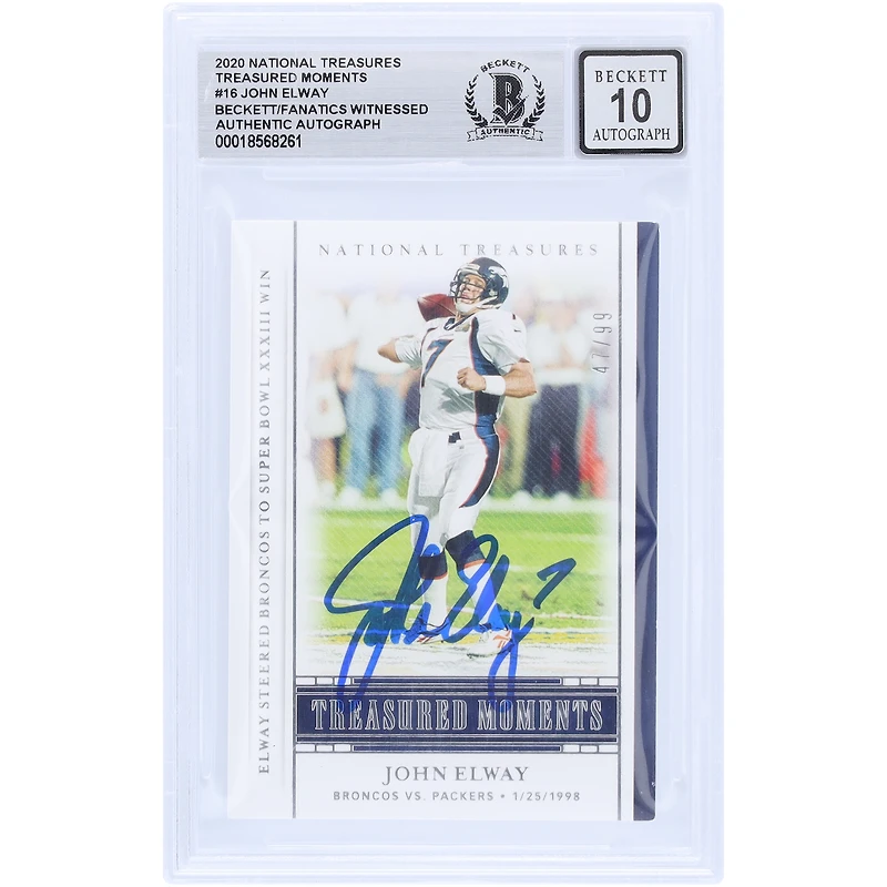 John Elway Denver Broncos Autographié 2020 Panini National Treasures Treasured Moments #TM-JE #/99 Beckett Fanatics Witnessed Authenticated 10 Card