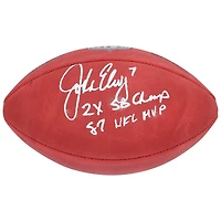 Ballon de football américain Wilson Duke en couleur, autographié par John Elway (Denver Broncos), avec les inscriptions « 2X SB Champ » et « 87 NFL MVP ».