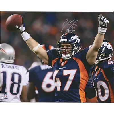 Photo dédicacée de John Lynch (Denver Broncos), 40 x 50 cm, bras levés, avec inscription « HOF 21 ».