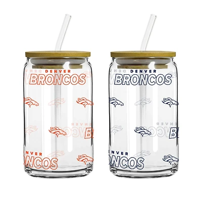 Logo Brands Denver Broncos 16oz. Step And Repeat Glass Can with Lid & Straw 2-Pack