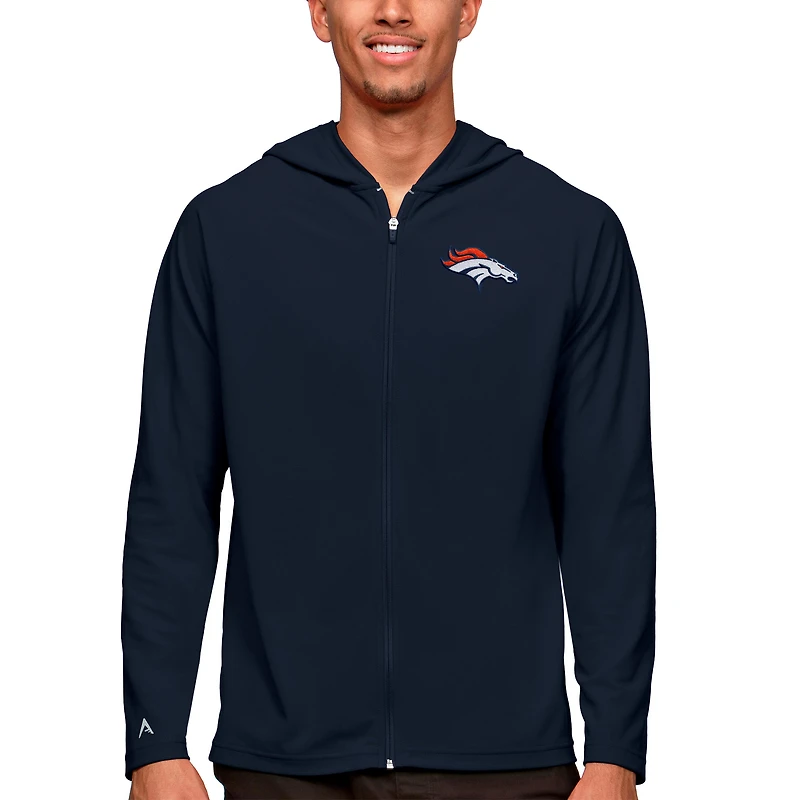 Sweat à capuche zippé intégral pour homme avec logo des Broncos de Denver, bleu marine Antigua