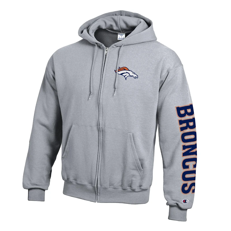 Men's Champion Heather Gray Denver Broncos Powerblend Fleece Full-Zip Hoodie