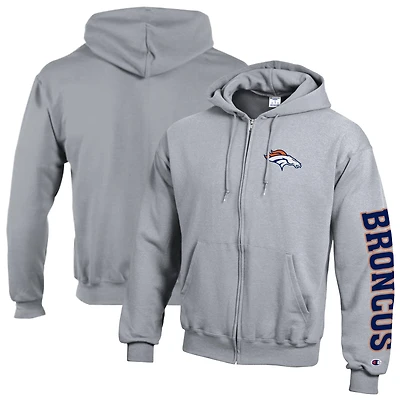 Men's Champion Heather Gray Denver Broncos Powerblend Fleece Full-Zip Hoodie