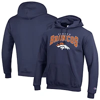 Men's Champion Navy Denver Broncos Powerblend Arch over Logo Hoodie