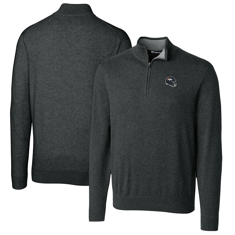 Men's Cutter & Buck Charcoal Denver Broncos Helmet Lakemont Tri-Blend Quarter-Zip Pullover Sweater