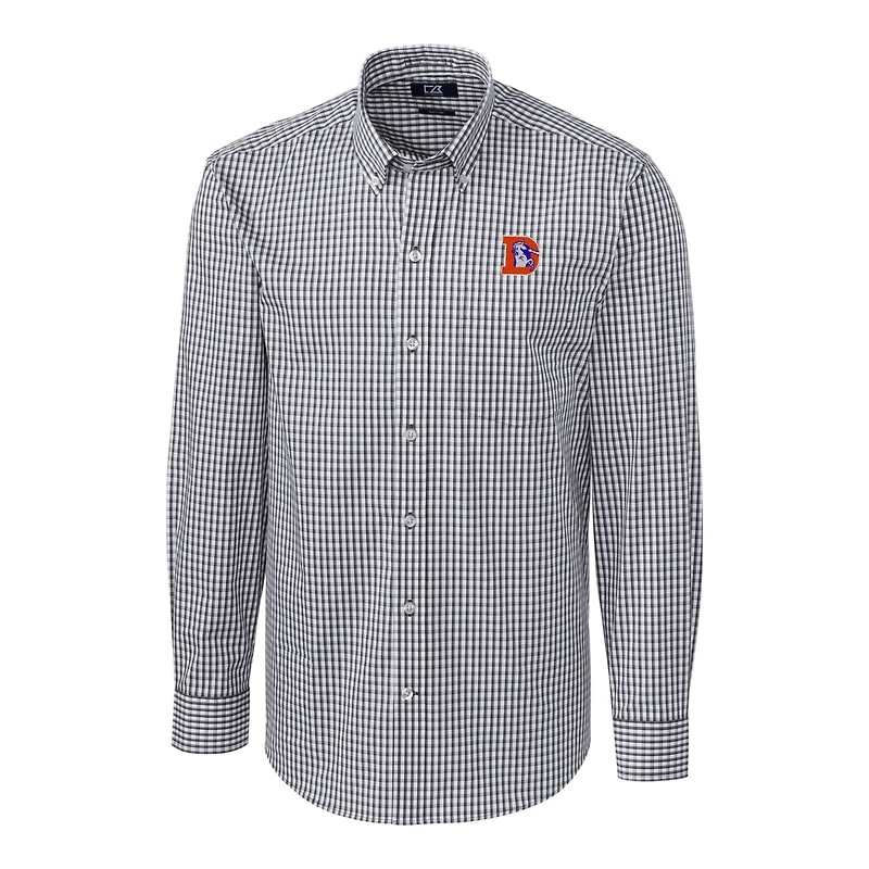 Chemise boutonnée à manches longues et carreaux extensibles faciles d'entretien pour homme, couleur anthracite, avec logo rétro des Denver Broncos, Cutter & Buck