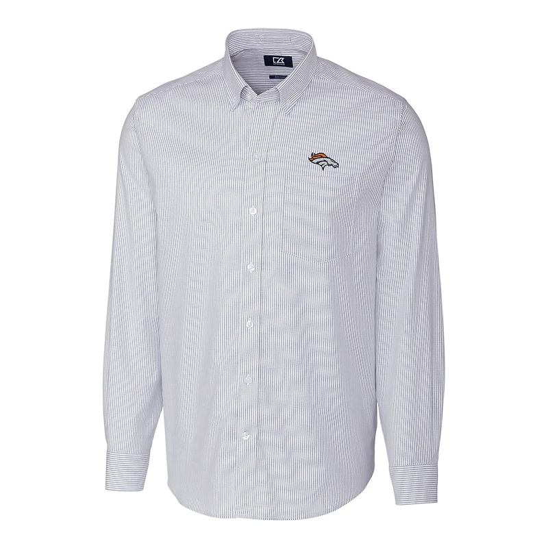 Chemise boutonnée extensible à manches longues et rayures en tissu Oxford bleu clair pour homme, coupe Cutter & Buck, Denver Broncos, grandes tailles