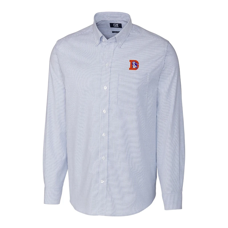 Chemise boutonnée à manches longues et rayures Oxford extensibles bleu poudre pour homme, Cutter & Buck, avec logo rétro des Broncos de Denver