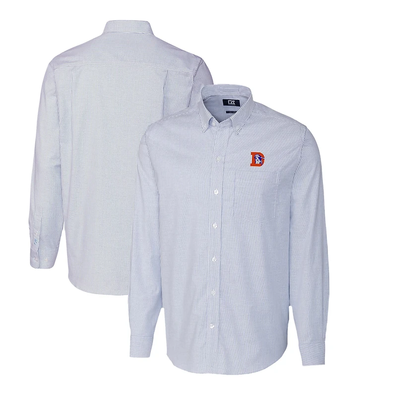 Chemise boutonnée à manches longues et rayures Oxford extensibles bleu poudre pour homme, Cutter & Buck, avec logo rétro des Broncos de Denver